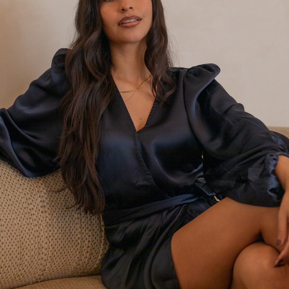 Navy Blue Satin Shoulder Wrap Mini Cocktail Dress